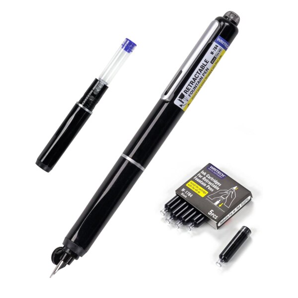 close up of pen showing refillable cartridges and a set of the refillable cartridges